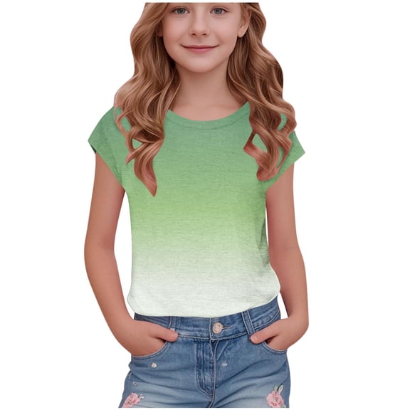 QTOCIO Toddler Girl Clothes, Summer Girls Shirts, Printed Fashion Children's Round Neck Short Sleeve School Blouse Printed T-shirt Shirt, Green, 7 Years