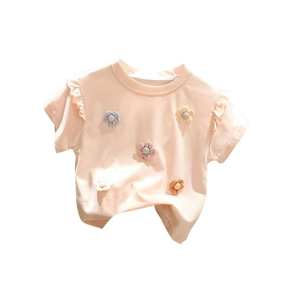QTOCIO Toddler Girl Clothes, Summer Girls Shirts, Summer Outfit New Girls' Stylish Flower Short Sleeved Round Neck Top Fashionable T-shirt, Pink B, 3 Years