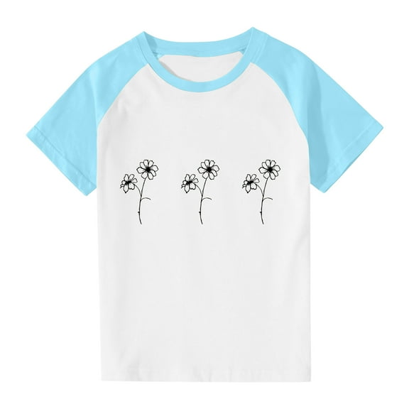 QTOCIO Toddler Girl Clothes, Summer Girls Shirts, Toddler Kids Boys Girls Fashion Cute Round Neck Print Short Sleeve Top, Blue, 5 Years