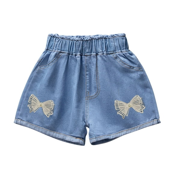 QTOCIO Toddler Girls Clothes, Girls Jean Shorts, Summer Thin Style Medium Size Children's and Girls' Printed Denim Shorts with Pockets, Blue E, 6-7 Years