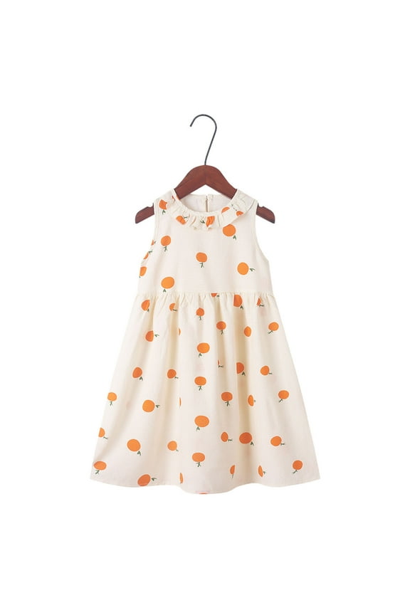 Toddler Girls Dresses, Baby Girl Clothes, Fashion Girls' Summer New Short Sleeve Ruffled Pockets Round-Neck Printed Dress, Orange, 9 Years