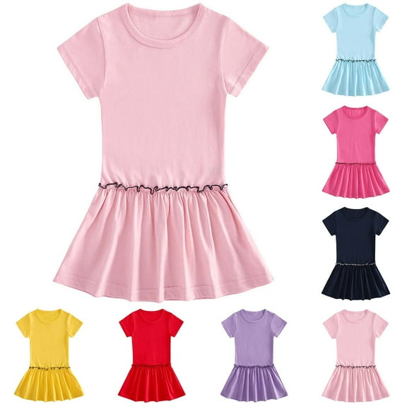 QTOCIO Toddler Girls Dresses, Baby Girl Clothes, Fashionable Girls' Solid Color Summer Short Sleeved Round Neck Pleated Dress, Hot Pink, 1 Years