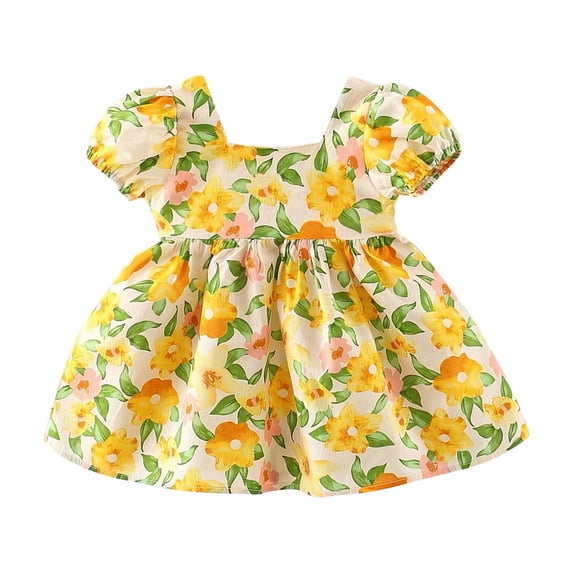 Summer Clearance Holiday Deals 2025! QTOCIO Toddler Girls Dresses, Baby Girl Clothes, Toddler Kids Baby Girls Fashion Cute Short Sleeve Sweet Flower Print Ruffle Dress, Yellow, 18 Months