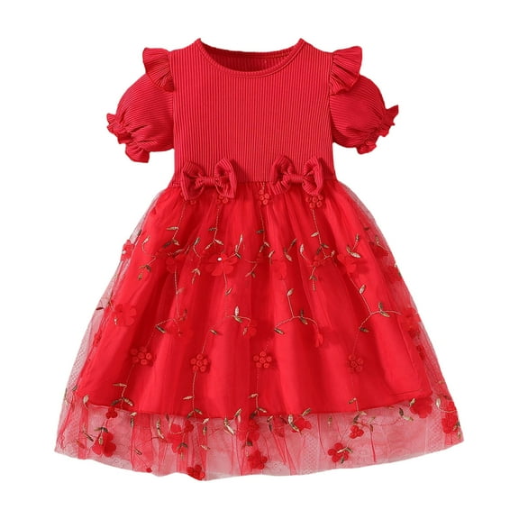 QTOCIO Toddler Girls Dresses, Baby Girl Summer Clothes, 1-8 Years Girls' Fashion Flower Mesh Tie Flying Sleeve Short Sleeve Round Neck Dress, Red, 1 Years