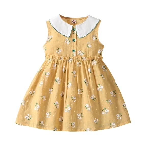 QTOCIO Toddler Girls Dresses, Baby Girl Summer Clothes, 3-12 Years Girls' Fashionable and Cute Floral Princess Dress Sleeveless Round Neck Dress, Yellow, 3 Years