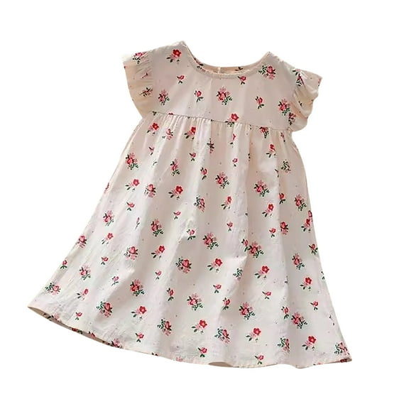 QTOCIO Toddler Girls Dresses, Baby Girl Summer Clothes, 3-12 Years Girls' Fashionable and Cute Floral Princess Dress Sleeveless Round Neck Dress, Beige, 6 Years
