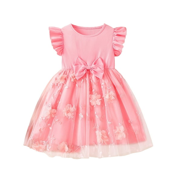 QTOCIO Toddler Girls Dresses, Baby Girl Summer Clothes, 3-8years Girls' Fashion Flower Mesh Flying Sleeve Tie Short Sleeve Round Neck Dress, Pink D, 4 Years