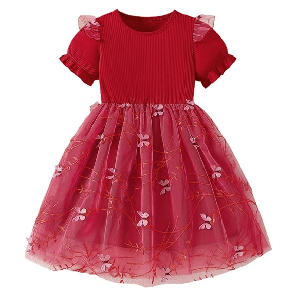 QTOCIO Toddler Girls Dresses, Baby Girl Summer Clothes, 3-8years Girls' Fashion Flower Mesh Flying Sleeve Tie Short Sleeve Round Neck Dress, Red D, 3 Years
