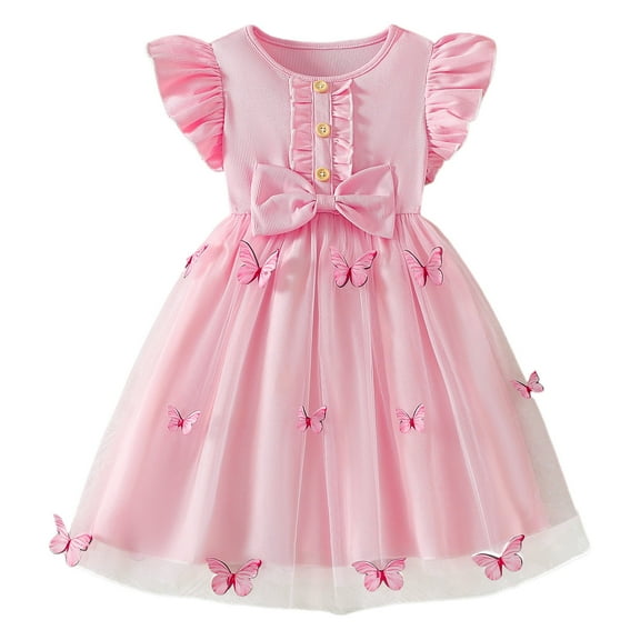QTOCIO Toddler Girls Dresses, Baby Girl Summer Clothes, 3-8years Girls' Fashion Flutterby Mesh Puff Skirt Short Sleeve Round Neck Dress, Pink, 5 Years