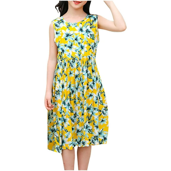 QTOCIO Toddler Girls Dresses, Baby Girl Summer Clothes, Children's Beach Dress Soft and Fashionable Printed Long Dress Sleeveless Dress, Yellow A, 9 Years