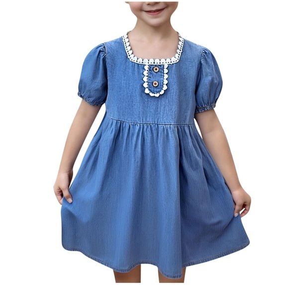 QTOCIO Toddler Girls Dresses, Baby Girl Summer Clothes, Children's Denim Dress Lightweight Breathable and Cool Girls' Dress with Lace, Blue H, 5 Years