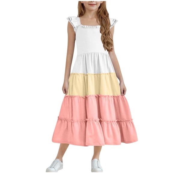 QTOCIO Toddler Girls Dresses, Baby Girl Summer Clothes, Fashion Girls Summer Short Sleeve Round Neck Ruffle Dress Princess Skirt, Pink, 5 Years