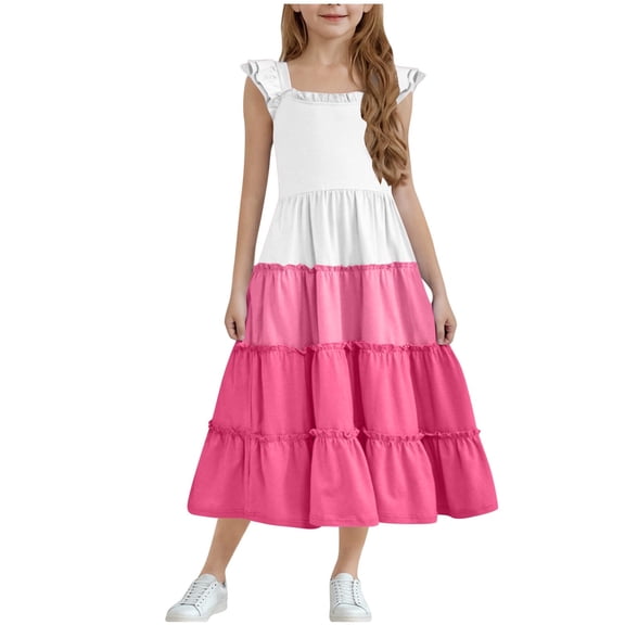 QTOCIO Toddler Girls Dresses, Baby Girl Summer Clothes, Fashion Girls Summer Short Sleeve Round Neck Ruffle Dress Princess Skirt, Hot Pink, 5 Years