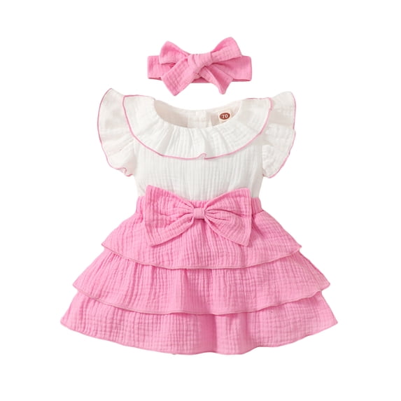 QTOCIO Toddler Girls Dresses, Baby Girl Summer Clothes, Girls' New Sleeveless Ruffled Lace Round-Neck Embroidery Printed Princess Bow Skirt, Pink, 9 Months