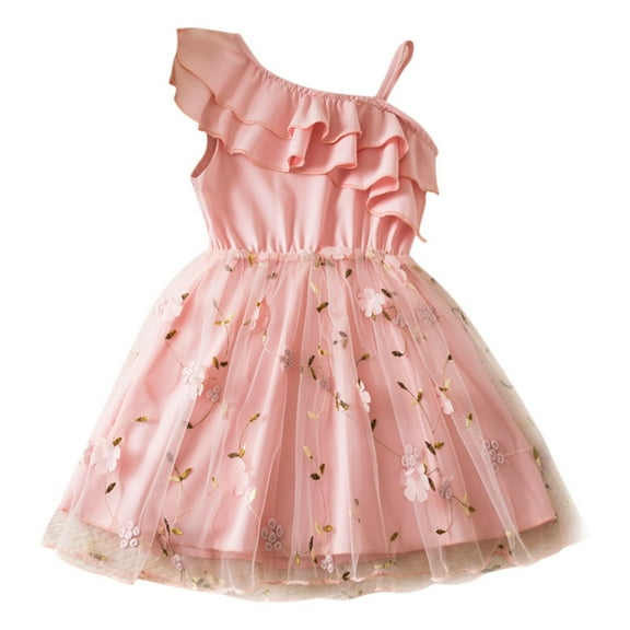 QTOCIO Toddler Girls Dresses, Baby Girl Summer Clothes, Girls' Summer New Short Sleeve Ruffled Round Neck Lace Embroidery Mesh Princess Bow Skirt, Pink, 3 Years