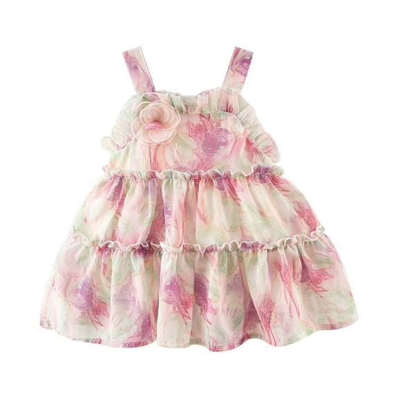 QTOCIO Toddler Girls Dresses, Baby Girl Summer Clothes, Kids Baby Girls Fashion Cute Sleeveless Sweet Flower Print Dress Tiered Skirt, Pink, 2 Years