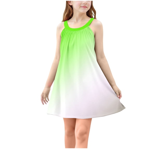 QTOCIO Toddler Girls Dresses, Baby Girl Summer Clothes, Kids Girls Cute Gradient Sleeveless Camisole Dress A Line Suspenders Wrinkle Dress, Green, 9 Years