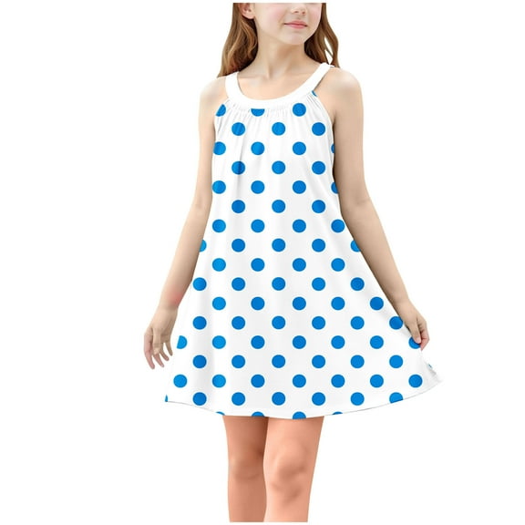 QTOCIO Toddler Girls Dresses, Baby Girl Summer Clothes, Kids Girls Cute Round Print Sleeveless Camisole Dress A Line Suspenders Wrinkle Dress, Blue, 7 Years