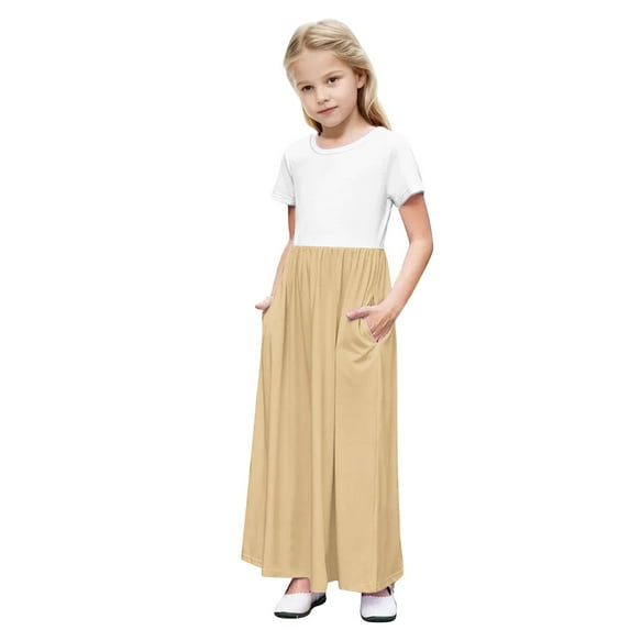Summer Clearance Holiday Deals 2025! QTOCIO Toddler Girls Dresses, Baby Girl Summer Clothes, Kids Girls Cute Splicing Color Short Sleeve Stretchy Pocket A Line Long Dress, Khaki, 7 Years