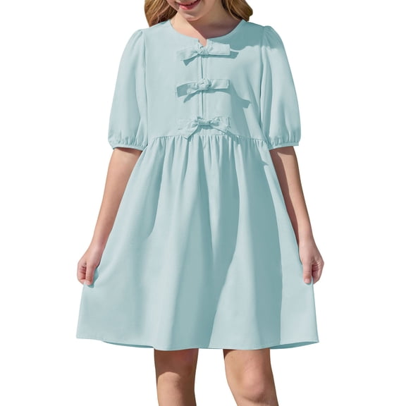 QTOCIO Toddler Girls Dresses, Baby Girl Summer Clothes, Middle Aged Girls' Fashionable Pleated Button Back Button Short Sleeved Dress, Mint Green, 5 Years