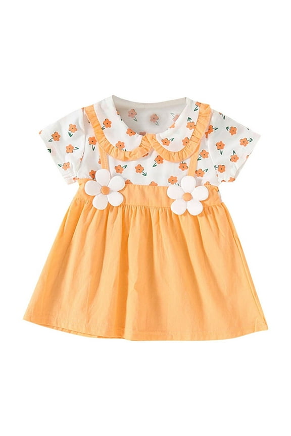 Toddler Girls Dresses, Baby Girl Summer Clothes, New Girls' Flower Doll Collar Printed Short Sleeved Patchwork Dress Lapel Dress, Orange, 6 Months