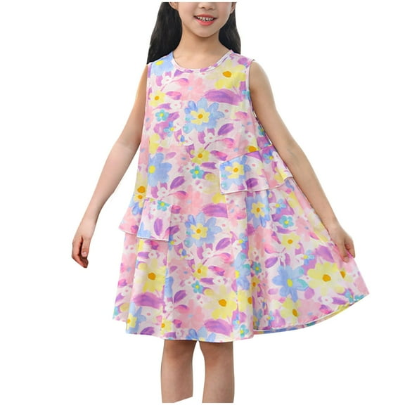 QTOCIO Toddler Girls Dresses, Baby Girl Summer Clothes, Summer Dress for Girls Cute Wrinkled Dress for Girls Floral Sleeveless Princess Dress, Purple, 11 Years