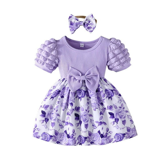 QTOCIO Toddler Girls Dresses, Baby Girl Summer Clothes, Sweet Baby Girl Bow Decorated Floral Dress + Headband, Purple A, 2 Years