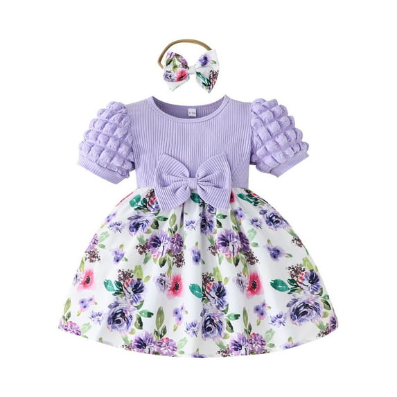 QTOCIO Toddler Girls Dresses, Baby Girl Summer Clothes, Sweet Baby Girl Bow Decorated Floral Dress + Headband, Purple B, 18 Months