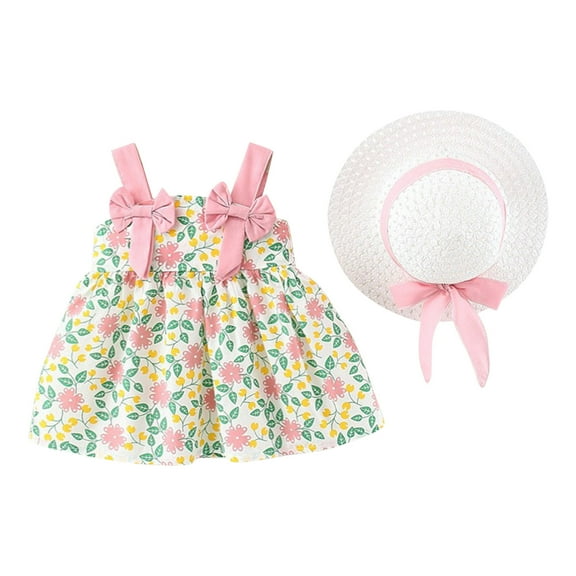 QTOCIO Toddler Girls Dresses, Baby Girl Summer Clothes, Toddler Baby Girl Summer Bow Decoration Flower Print Suspender Dress with Hat, Pink, 1 Years