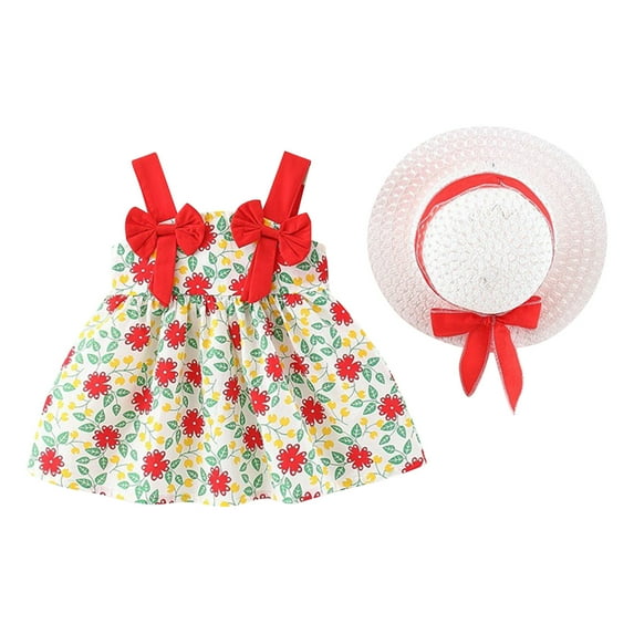 Summer Clearance Holiday Deals 2025! QTOCIO Toddler Girls Dresses, Baby Girl Summer Clothes, Toddler Baby Girl Summer Bow Decoration Flower Print Suspender Dress with Hat, Red, 6 Months