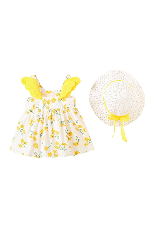 Toddler Girls Dresses, Baby Girl Summer Clothes, Toddler Kids Baby Girls Fashion Cute Sleeveless Sweet Flower Print Ruffle Dress Hat Set, Yellow, 12 Months