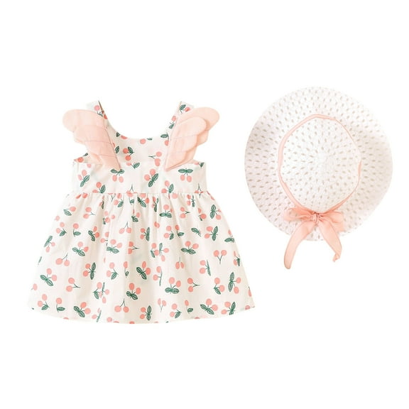 QTOCIO Toddler Girls Dresses, Baby Girl Summer Clothes, Toddler Kids Baby Girls Fashion Cute Sleeveless Sweet Flower Print Ruffle Dress Hat Set, Pink, 2 Years