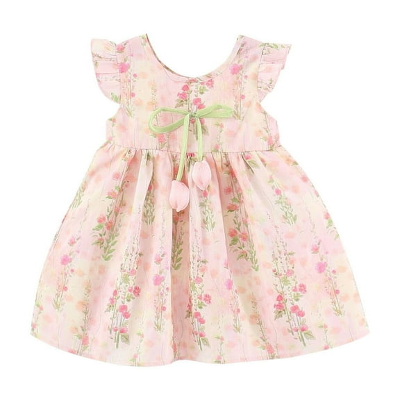 QTOCIO Toddler Girls Dresses, Baby Girl Summer Clothes, Toddler Kids Baby Girls Fashion Cute Sleeveless Sweet Flower Print Ruffle Princess Dress, Pink, 18 Months