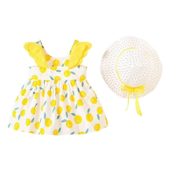 QTOCIO Toddler Girls Dresses, Baby Girl Summer Clothes, Toddler Kids Baby Girls Fashion Cute Sleeveless Sweet Flower Print Ruffle Dress Hat Set, Yellow, 2 Years