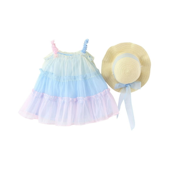 QTOCIO Toddler Girls Dresses, Baby Girl Summer Clothes, Toddler Kids Baby Girls Fashion Cute Sleeveless Sweet Gradient Print Dress Hat Set, Blue, 6 Months