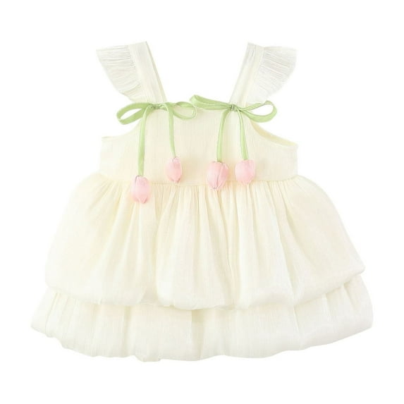 QTOCIO Toddler Girls Dresses, Baby Girl Summer Clothes, Toddler Kids Baby Girls Fashion Cute Sleeveless Sweet Solid Color Mesh Flower Dress, Beige, 2 Years