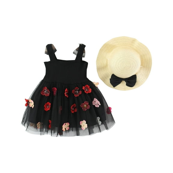 QTOCIO Toddler Girls Dresses, Baby Girl Summer Clothes, Toddler Kids Baby Girls Fashion Cute Sleeveless Sweet Solid Color Flower Dress Hat Set, Black, 18 Months
