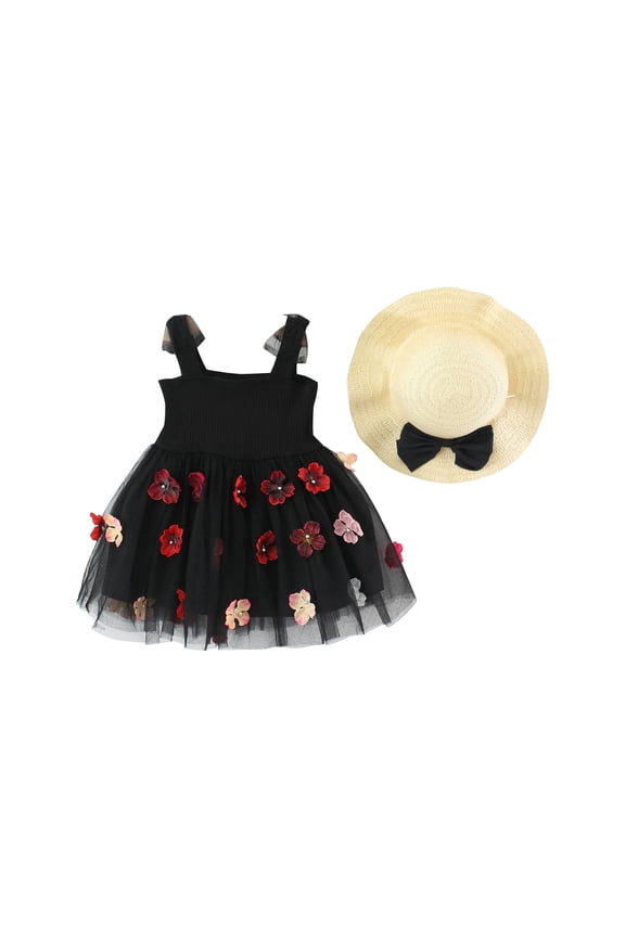 Toddler Girls Dresses, Baby Girl Summer Clothes, Toddler Kids Baby Girls Fashion Cute Sleeveless Sweet Solid Color Flower Dress Hat Set, Black, 2 Years