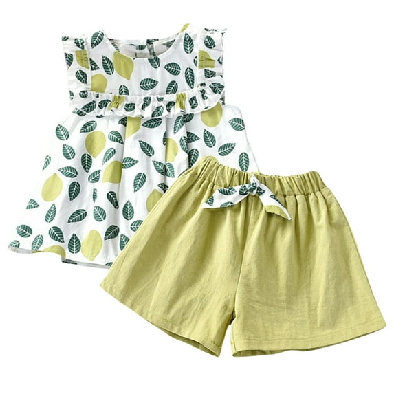 QTOCIO Toddler Girls Outfits, Kids Girl Clothes, 3-8 Years Girls' Fashion Printed Splicing Folded Strap Shorts 2 Piece Set Round Neck Tank Top Set, Green, 5 Years