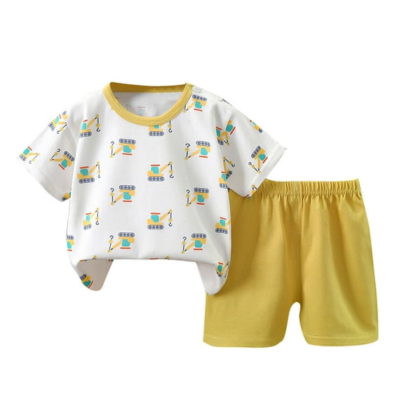 QTOCIO Toddler Girls Outfits, Kids Girl Clothes, Children's Summer Cotton Printed Short Sleeved Round Neck T-Shirt Shorts Two-Piece Set, Yellow A, 2-3 Years