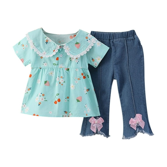 QTOCIO Toddler Girls Outfits, Kids Girl Clothes, Children's Summer Little Flower Casual Shirt Set Short Short Sleeve and Jeans Lapel Sets, Blue B, 4-5 Years