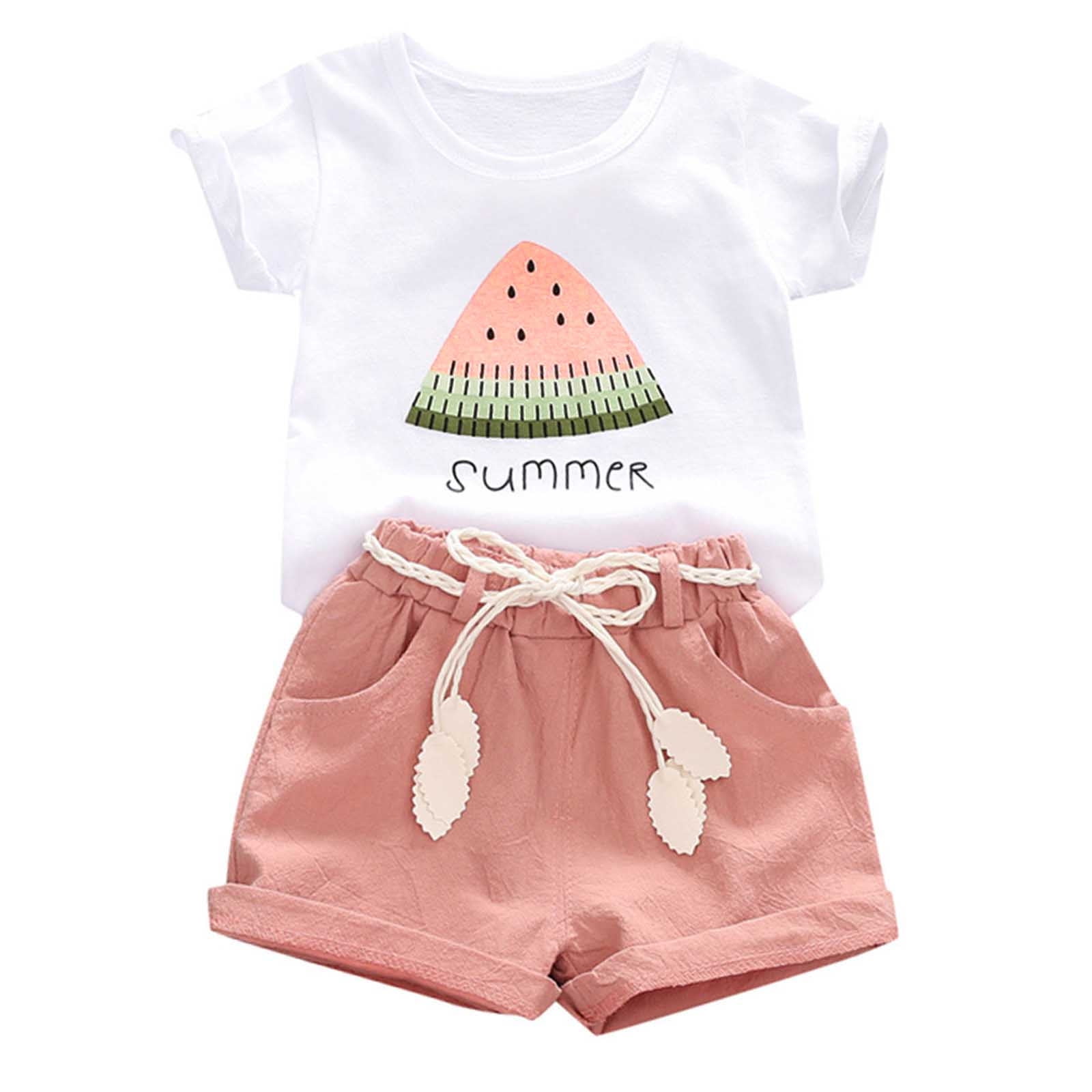 QTOCIO Toddler Girls Outfits, Kids Girl Clothes, Fashion Girls' Casual Short Sleeve Round Neck Collar Botton Short Pants Sets, Pink, 2 Years