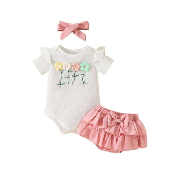 QTOCIO Toddler Girls Outfits, Kids Girl Clothes, Girls' Summer New Short Sleeve Short Crawler Flying Sleeve Style Flower Top Half Body Skirts Bow, Pink, 3 Months