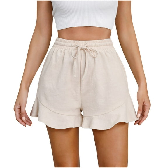 HomeGardon Womens Linen Shorts Cotton and Linen Casual Pants with Ruffles Elastic Waist Drawstring Shorts,S-XXL