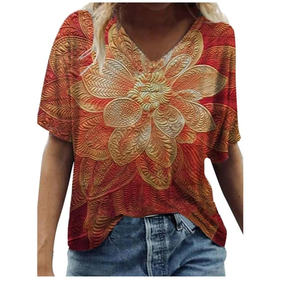 HomeGardon Womens Short Sleeve Shirts,Womens Tshirts,Women Fashion Casual Print V-Neck Loose Short Sleeve T-shirt Top Blouse Pullover,S-XXXL