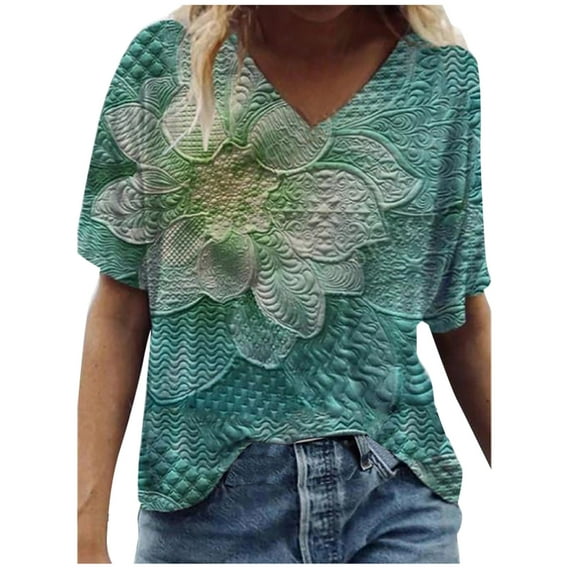Summer Clearance!HomeGardon Womens Short Sleeve Shirts,Womens Tshirts,Women Fashion Casual Print V-Neck Loose Short Sleeve T-shirt Top Blouse Pullover,S-XXXL