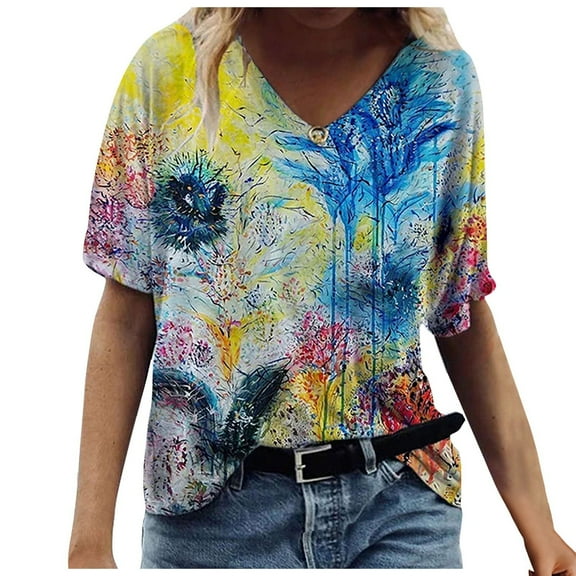 HomeGardon Womens Short Sleeve Shirts,Womens Tshirts,Women's Fashion Casual Plus Size Scenic Flowers Printing V-Neck T-Shirt Tops,S-XXXL