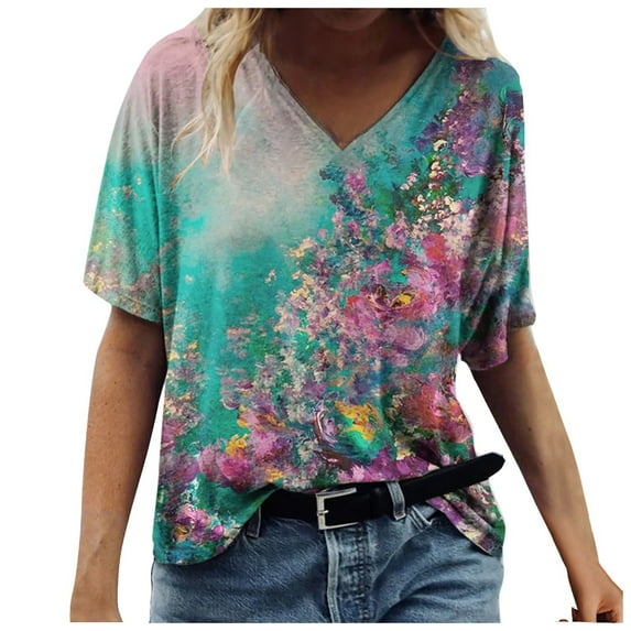 HomeGardon Womens Short Sleeve Shirts,Womens Tshirts,Women's Fashion Casual Plus Size Scenic Flowers Printing V-Neck T-Shirt Tops,S-XXXL