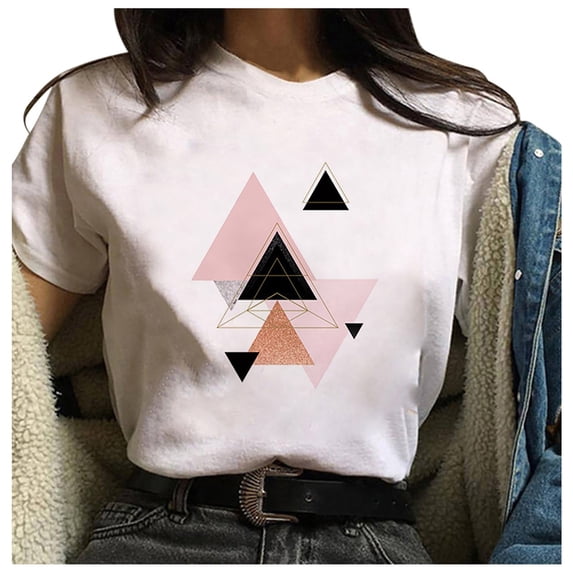 Summer Clearance!HomeGardon Womens Short Sleeve Shirts,Womens Tshirts,Women's Fashion Geometric Graphic Print Harajuku Female Round Neck Loose T-shirt,S-XXXL