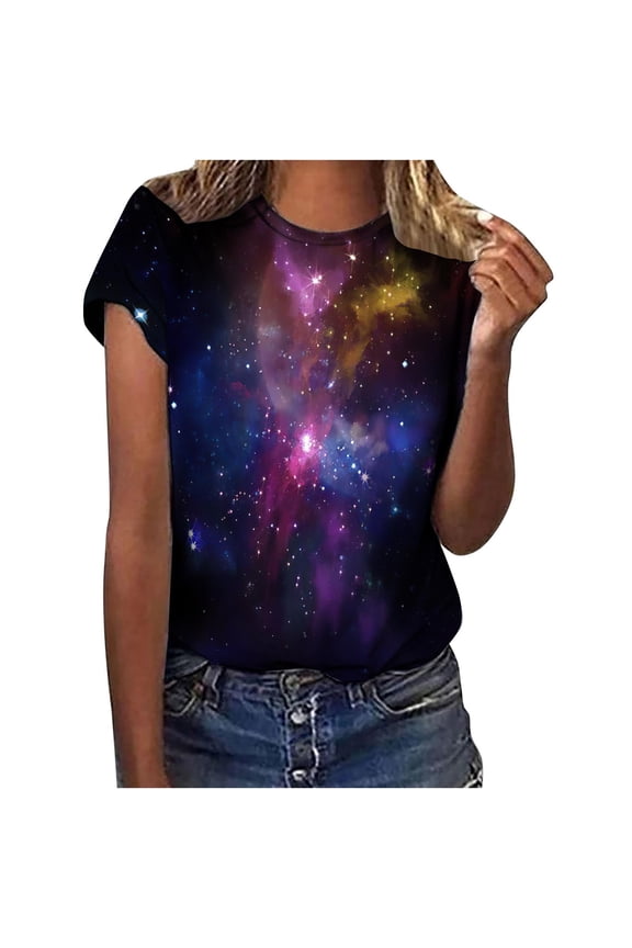 Womens Short Sleeve Shirts,Womens Tshirts,Women's Tops Fashion Casual Loose Blouse Stone Gradient Printing Round Neck T-Shirt Blouse Print Tee,S-XXL